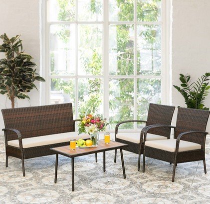 4-Piece Beige Cushioned Rattan Patio Set