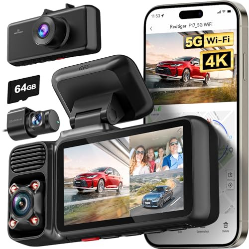 REDTIGER F17 4K 3 Channel Dash Cam with 64GB Card