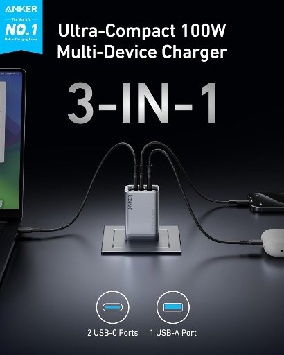 Anker Prime Charger, 100W 3 Port GaN USB C Charger Block