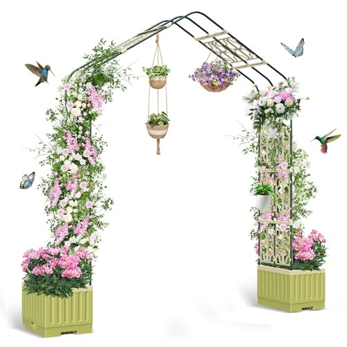 Outdoor with Arch Trellis and Multifunctional Planter Boxes