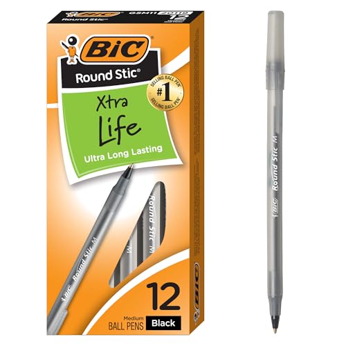 BIC Round Stic Xtra Life Ballpoint Pens 12-Ct (Black, Medium Point 1.0mm)