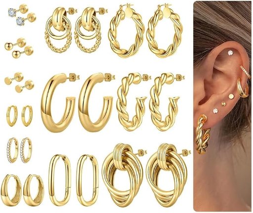 12 Pairs of Hypoallergenic 14k Gold-Plated Hoops and Stud Earrings