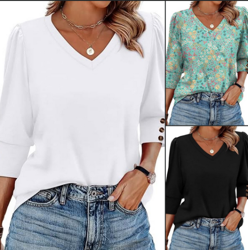 Womens V-neck 3/4 Sleeve Tops with Buttons