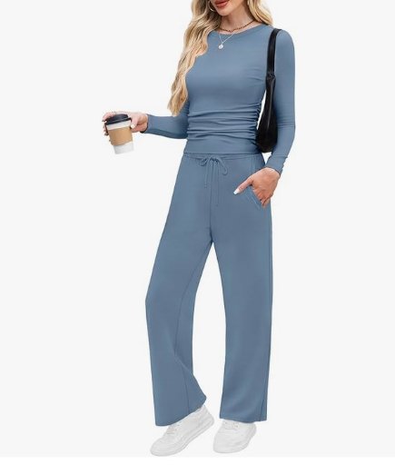 WIHOLL 2 PC Long Sleeve Wide Leg Lounge Set