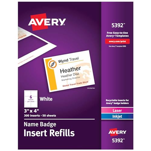 Avery Customizable Name Badge Inserts 3" x 4" 300 Total