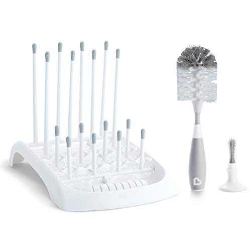 Munchkin Fold Baby Bottle Drying Rack and Bristle Bottle Brush Cleaning Essentials Set, White/Grey Deal