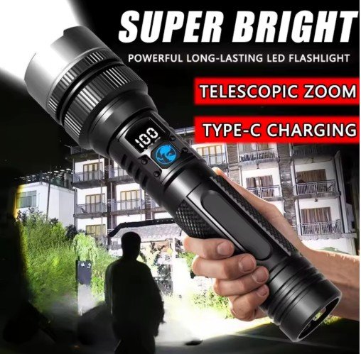 Powerful LED Flashlight with Zoom and Digital Display