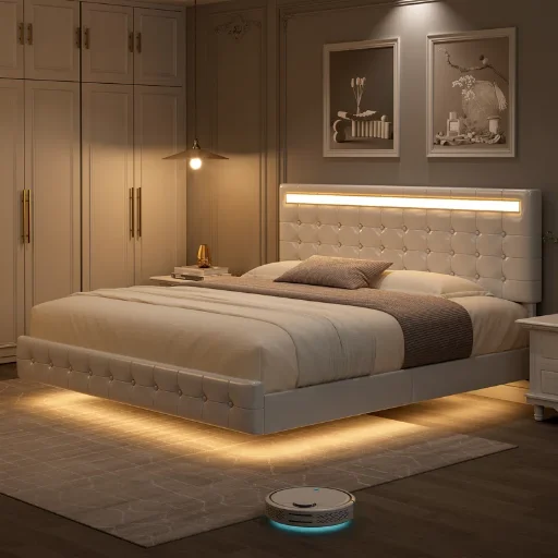 Bocar Faux Leather Tufted Floating Platform Bed with Lighting