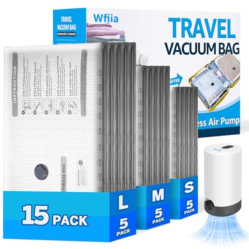 15-Pack Vacuum Bags for Travel with Rechargeable Pump, 3 Sizes