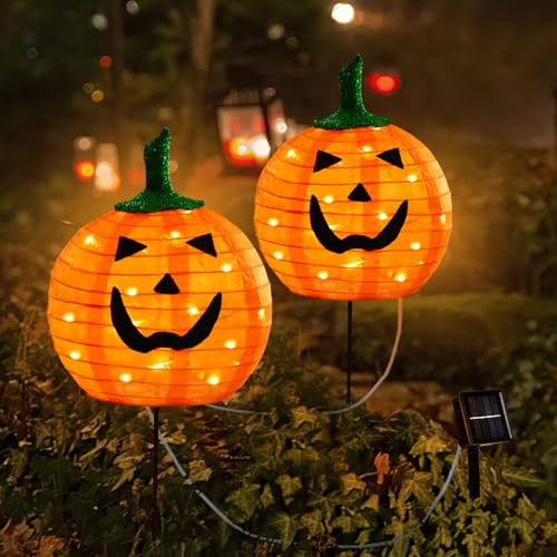 Solar Halloween Pumpkin LED Lights Stake Lights, 2 Pack