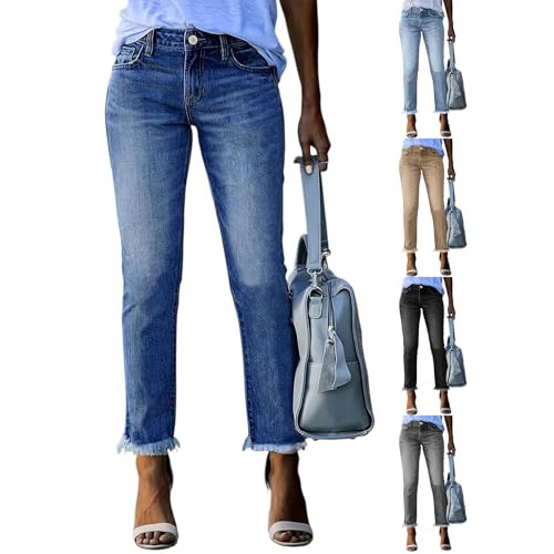 Women's Straight Leg Jeans with Frayed Hem