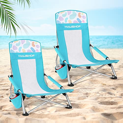 2 Pack of HAUSHOF Folding Beach Chairs with Armrest and Cup Holder