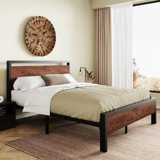 Wooden Headboard Metal Frame Platform Bed