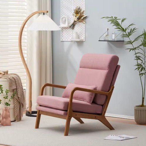 Pink Linen Leisure Chair with Wood Armrest