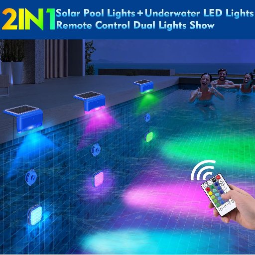 2-in-1 Submersible Solar Pool Lights W/Remote, 2 Pack