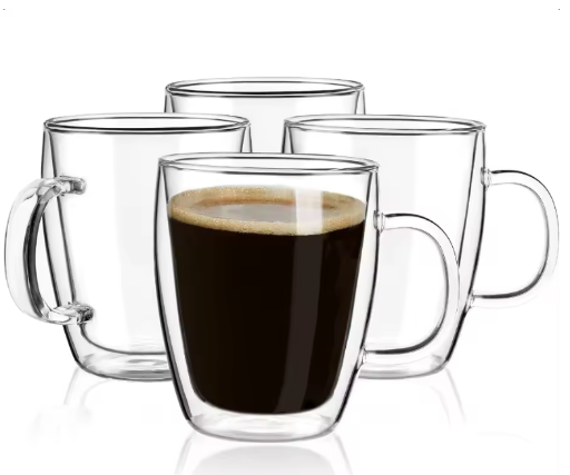Double Wall Coffee Mugs 4-Pack 16 Ounces Clear Glass with Handle Insulated Cappuccino Tea Latte Cups Beverage Glasses Heat Resistant