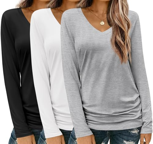 Zeagoo Women's Long Sleeve V Neck Basic Tees 3-Pack