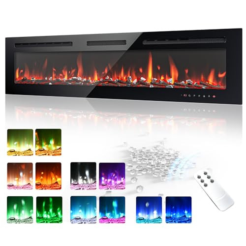 60" Electric Fireplace Wall Recessed and Mounted with Adjustable Flame