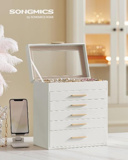 SONGMICS Jewelry Box Organizer with Glass Lid