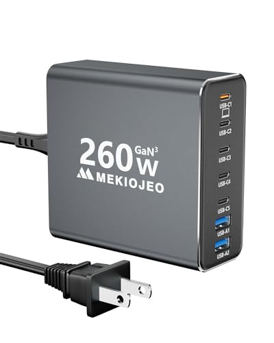 MEKIOJEO 260W 7-Port USB-C GaN 3 Aluminum Alloy Wall Charger