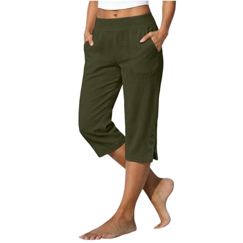 Linen Capri Pants w/Elastic High Waist 