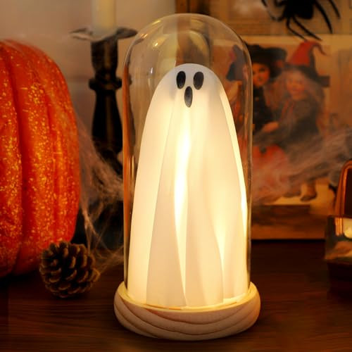 Halloween Ghost Glass Light Cloche with Wood Base