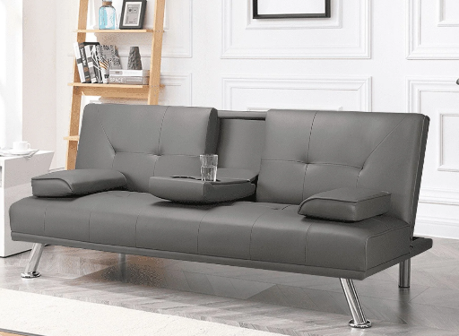 Modern Faux Leather Futon with Cupholders and Pillows