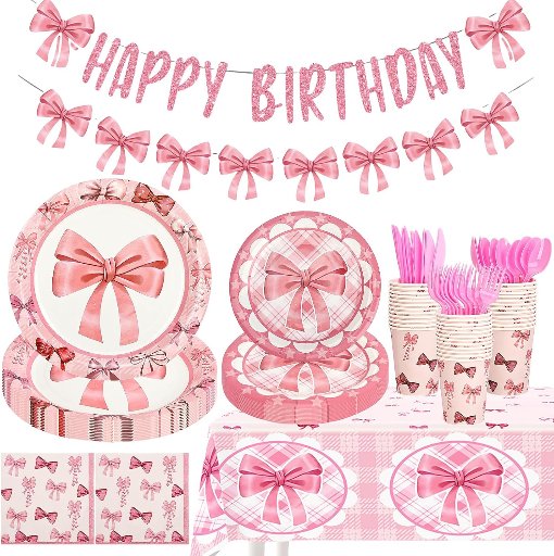 Pink Bow Party Supplies, Serves 20