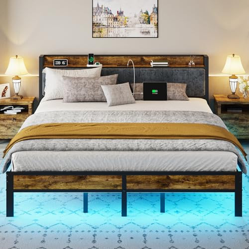 King Size Bed Frame with Storage Headboard & LED Lights
