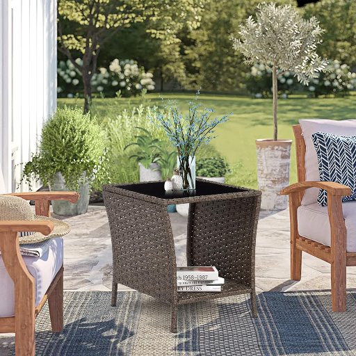 Elepude Outdoor Durable Rattan Side Table with Glass Tabletop