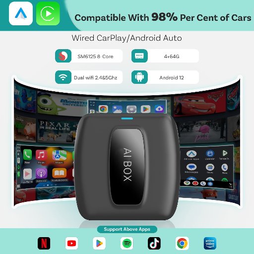 Android 12 Multimedia AiBox Wireless Carplay with YouTube and Netflix