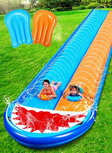 Sloosh Shark Double Water Slide w/ Sprinkler and 2 Slip Inflatable Boards