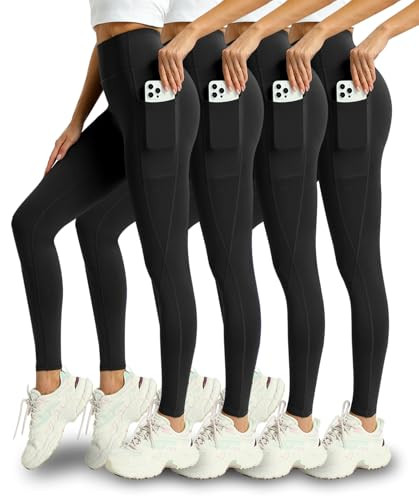 Mlenhor 4 Pack Leggings w/Pockets & Tummy Control