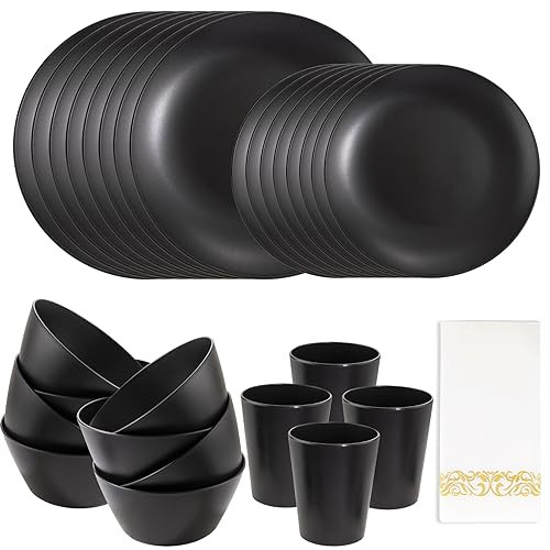 32 PC Supernal Black Wheat Straw Dinnerware Set W/25 Linen Napkins