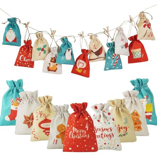 24 PC Christmas Countdown Bags with Drawstrings