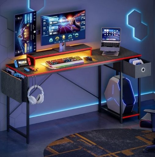 62" Bestier Carbon Fiber Gaming Desk w/ LED Lights & Monitor Stand
