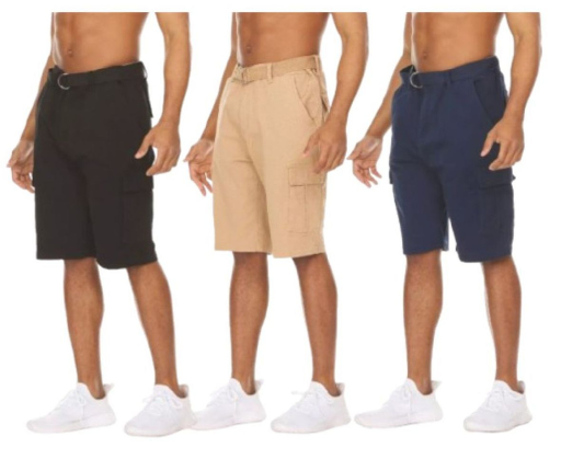 Men's Cotton Stretch Twill Cargo Shorts with Belt (3-Pack)