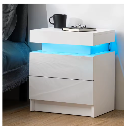 High Gloss Nightstand with RGB LED Light and Two Drawers