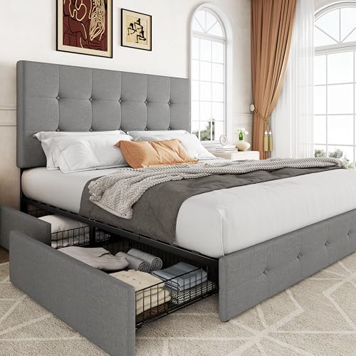 Allewie Upholstered Queen Size Platform Bed Frame with 4 Storage Drawers