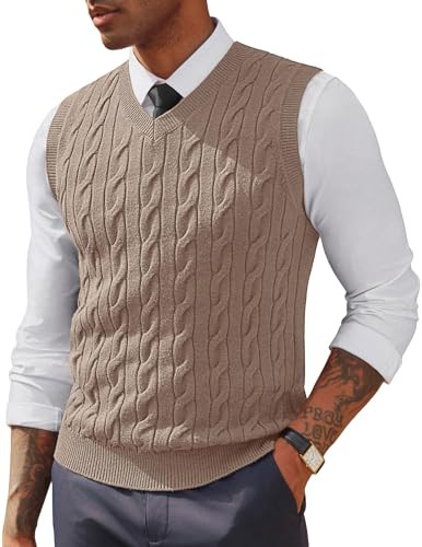 Men's Sweater Vests V Neck Cable Twist Knit Sleeveless Vests