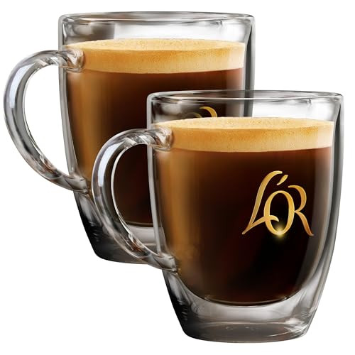 L'OR Double Wall Glass Coffee Mug Set, 2 Pack, 13.2 Oz.