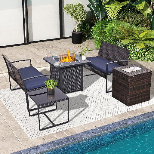 EarlGrove 5-Piece Wicker Patio Conversation Set with Blue Cushions