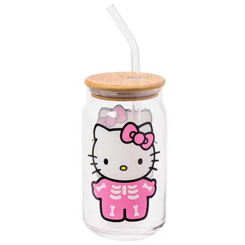 Hello Kitty Halloween Spooky Skeleton Glass Jar Tumbler, 16 Oz.