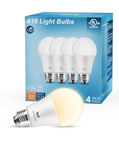 WOWLUMEN 4 Pack 9W LED Bulb, 2700K, 800LM, E26 Base Lightbulbs for Bedroom Kitchen Bathroom Porche