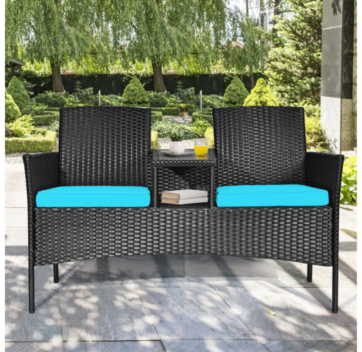 Rattan Conversation Loveseat with Glass Top Table