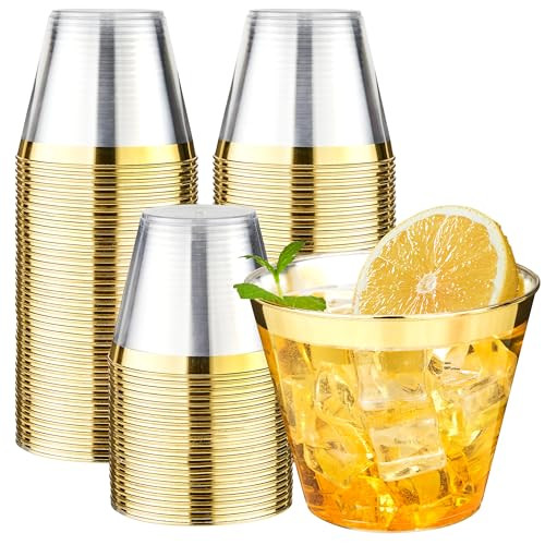 9oz 100 Pack Clear Plastic Cups with Gold Rim