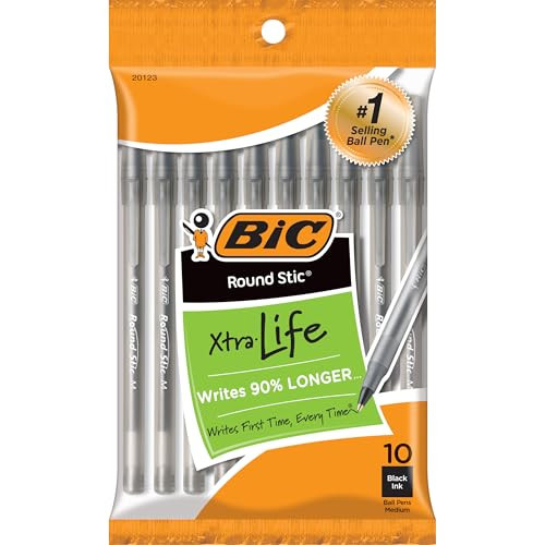 BIC Round Stic Xtra Life Black Medium Point Ballpoint Pens, 10 Count