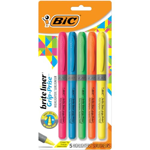 BIC Brite Liner Grip Chisel Tip Highlighters, 5 Count