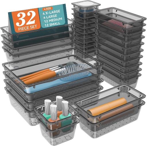 32-Piece Clear Plastic Drawer Organizer Set