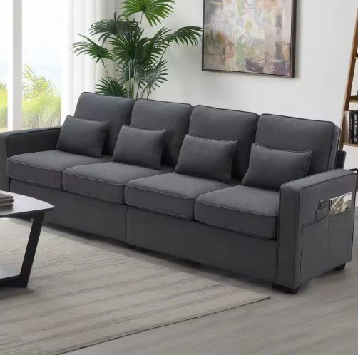 Modern Linen Fabric Sofa with Armrest Pockets and Pillows